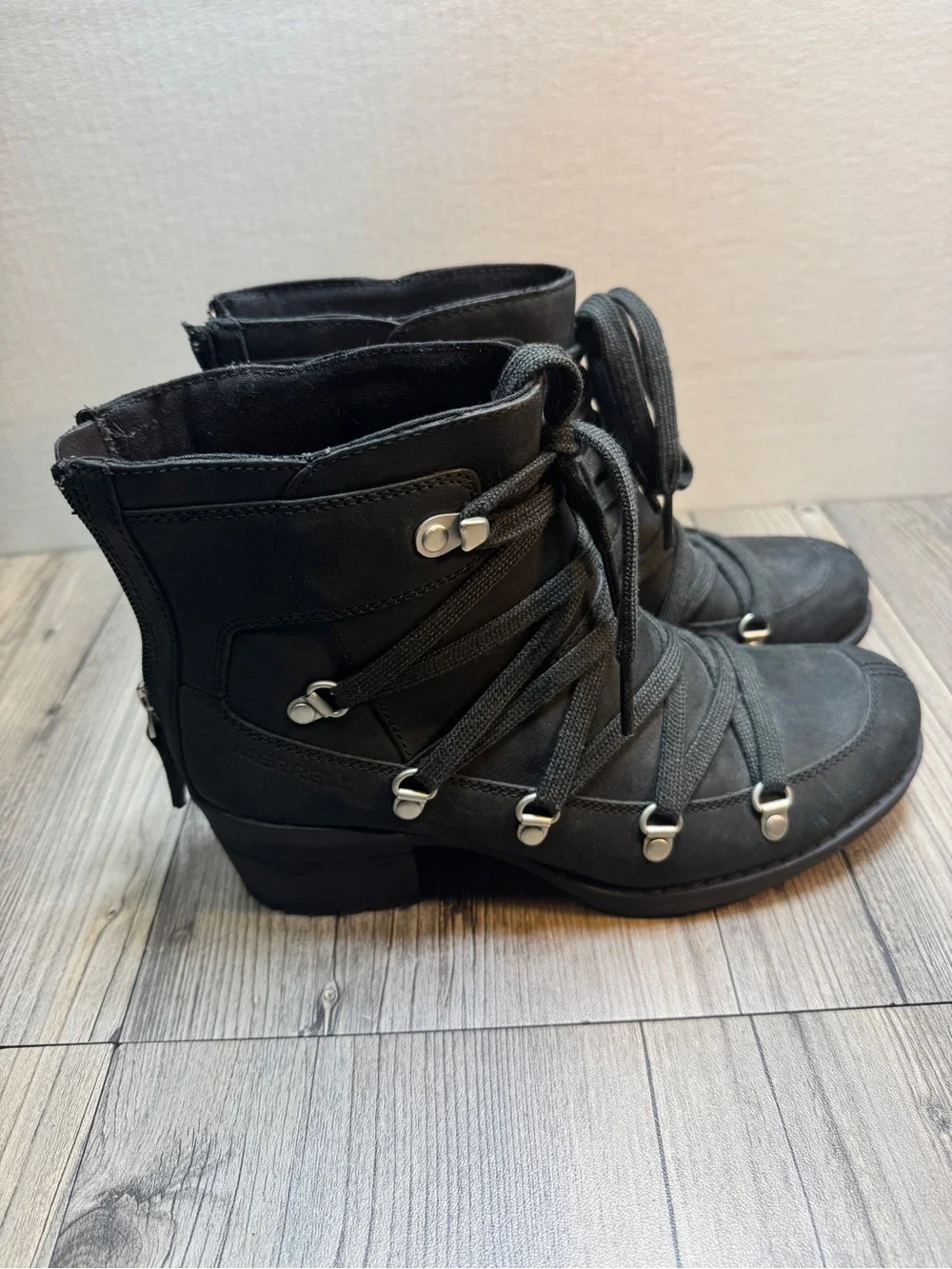 Merrell Shiloh II Womens Size 7 Black Leather Ankle Lace Up Zip Boots Shoes